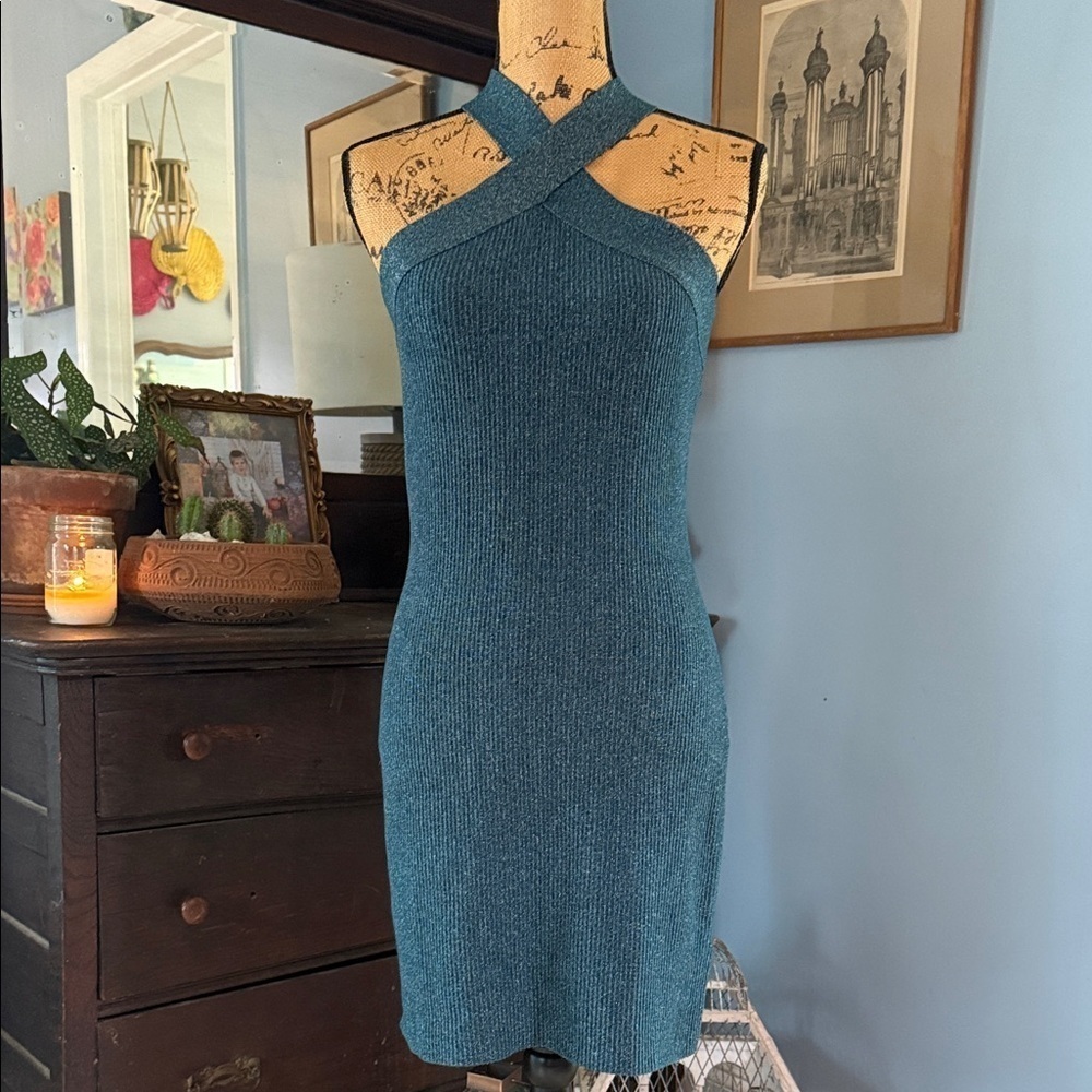 Sincerely Jules Metallic Teal Ribbed Halter Bodycon Mini Dress NWT Medium - Picture 10 of 14